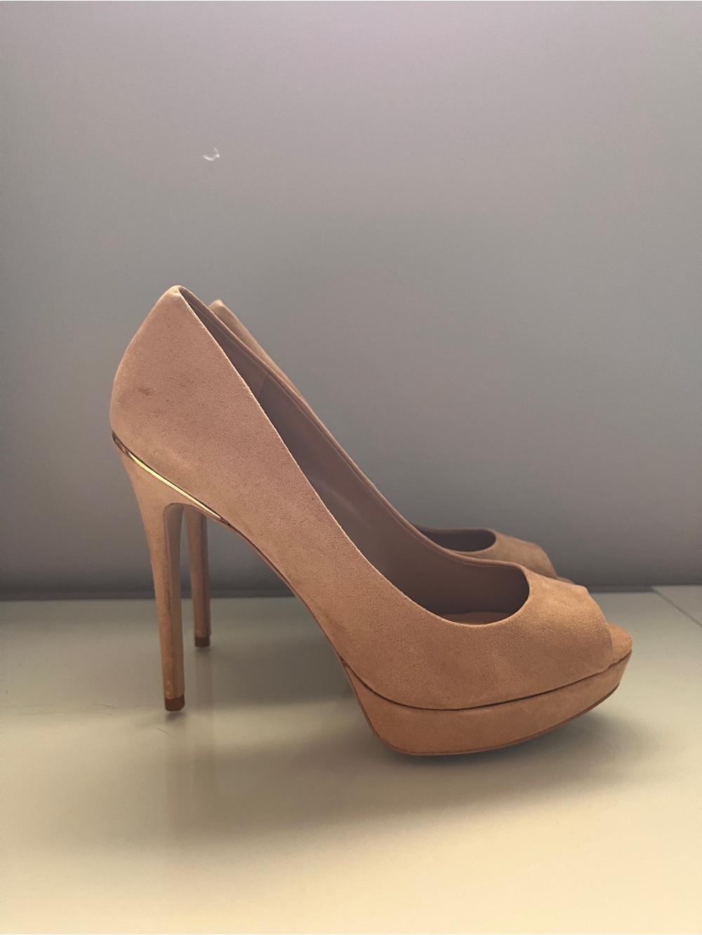 Aldo Beige Suede Peep-Toe Stiletto Heels - Picture 2 of 8